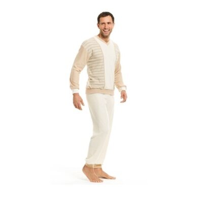 Medima Pyjama Frottee (100% Baumwolle, Hose+Langarmshirt) Unterwäsche beige/weiss Herren (Gr. S-XL)