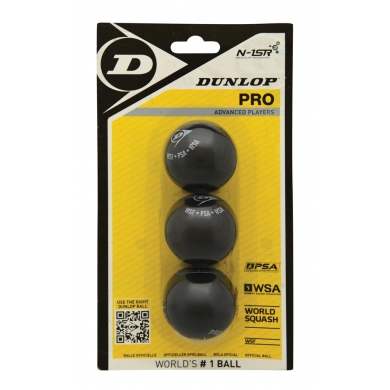 Dunlop Squashball Pro (2 gelbe Punkte, Speed sehr langsam) schwarz Blisterverpackung - 3 Bälle