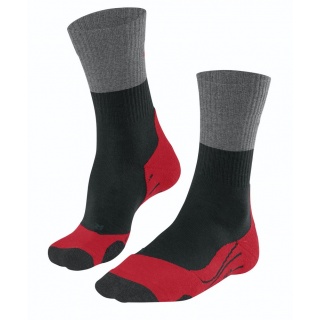 Falke Trekkingsocke TK2 (Merinowolle, für leichtes Gelände) schwarz/grau/rot Herren - 1 Paar