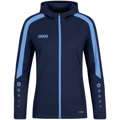 JAKO Kapuzenjacke Power (Polyester-Fleece, Seitentaschen mit Reißverschluss) marineblau/skyblau Damen