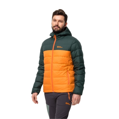 Jack Wolfskin Winter-Daunenjacke Ather Down Hoody (Kapuze, winddicht, wasserabweisend) orange/dunkelgrün Herren