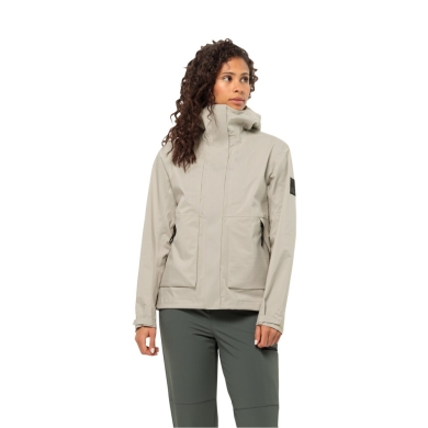 Jack Wolfskin Regenjacke Wandermood 3-Lagen (Hardshell, wasserdicht, winddicht) hellgrau Damen