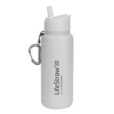 LifeStraw Trinkflasche Go Stainless Steel Edelstahl mit Wasserfilter, Verschluss mit Silikonmundstück, Karabiner weiss - 650 ml