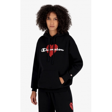 Champion Kapuzenpullover (Hoodie gefüttert) Logo mit Basketballherz-Print schwarz Damen